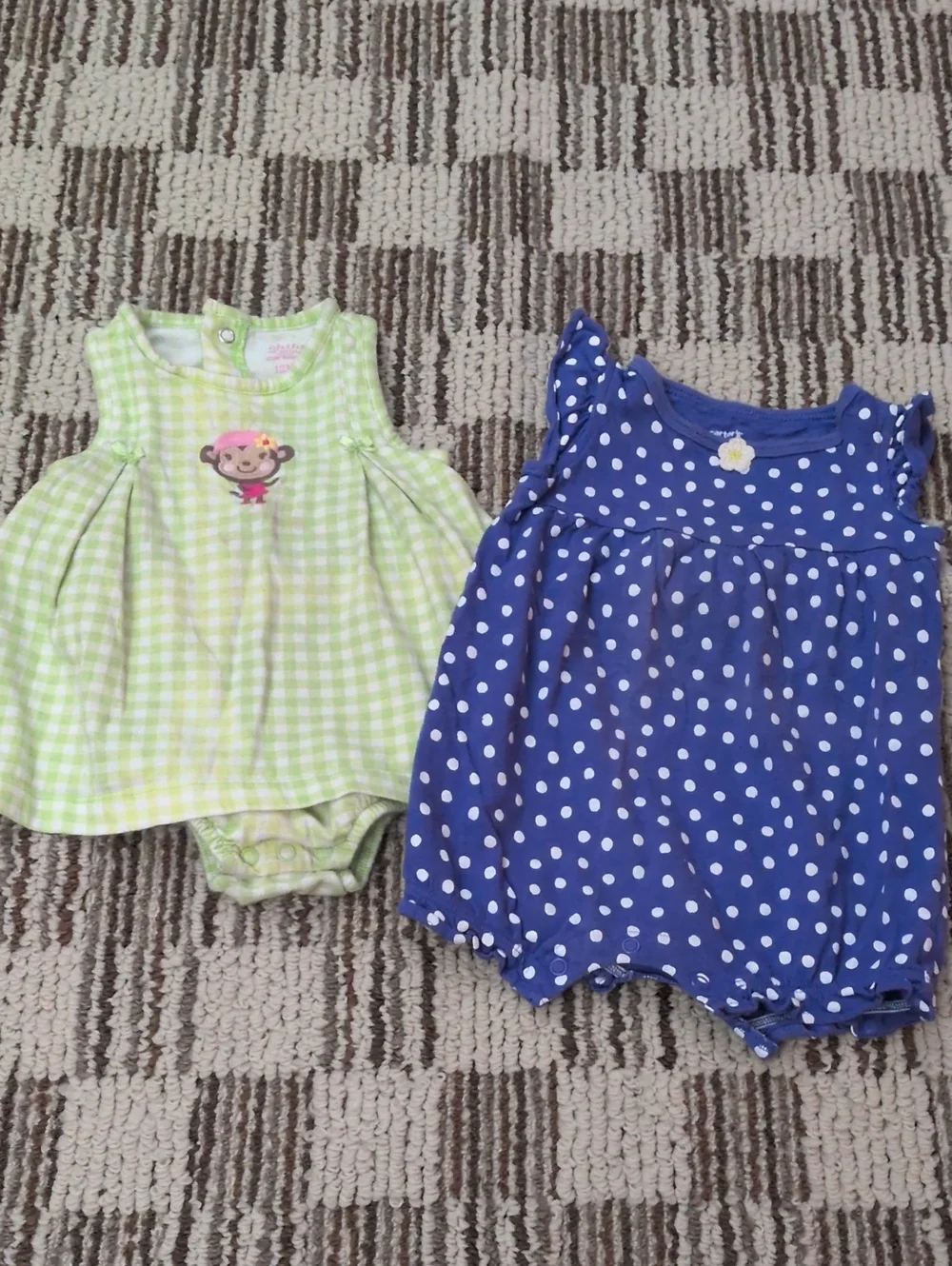 Carter's Purple Polka Dot Baby Romper & Green Checked Monkey Bodysuit.